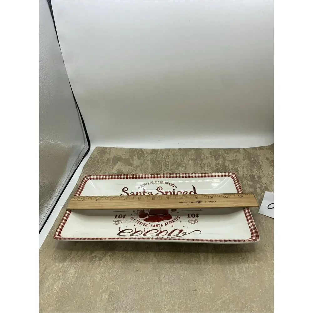 pier 1 Santa Spiced Cocoa Small Serving Platter White W /Red 6.5”X 12.5”